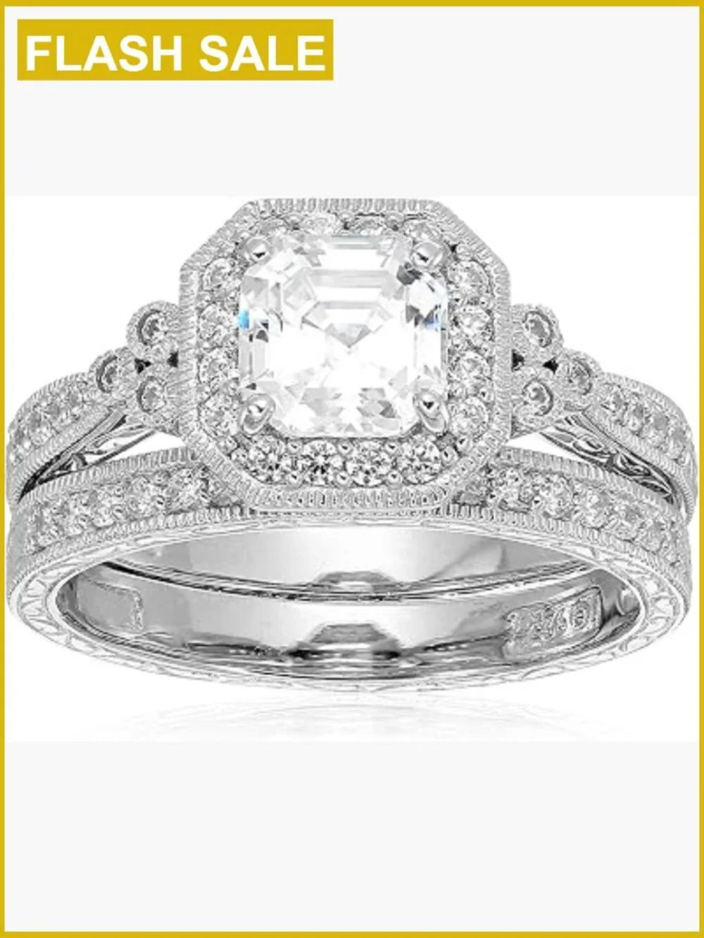 Antique Halo Engagement & Wedding Ring Set Sterling Silver Platinum